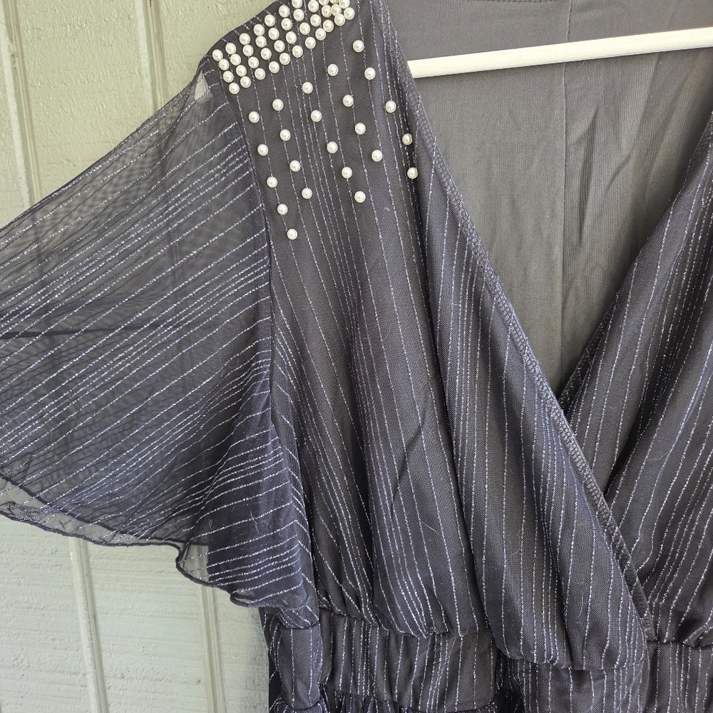 XL Elegant Black Party dress beaded shoulders flutter sleeves - Picture 6 of 9